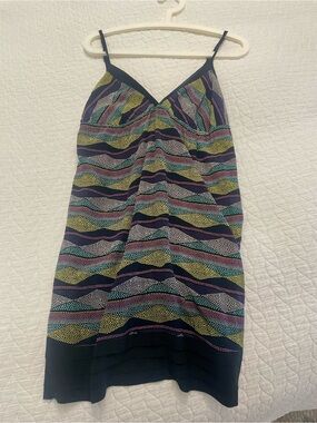 Yumi Kim Multicolor Silk Slip Dress w/ Black Pleated Trim Pockets Adj Straps